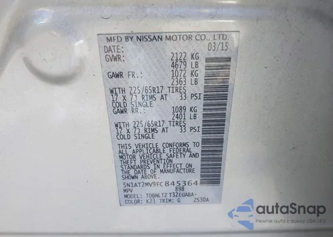 2015 Nissan Rogue Sv z USA, uszkodzony, nr VIN 5N1AT2MV9FC845364